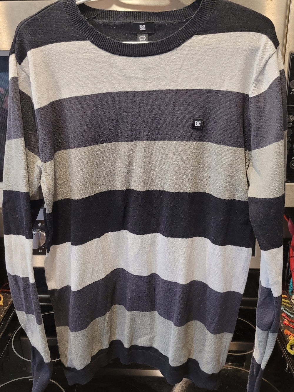 DC Shoes Striped Crewneck Sweater in Black & Gray